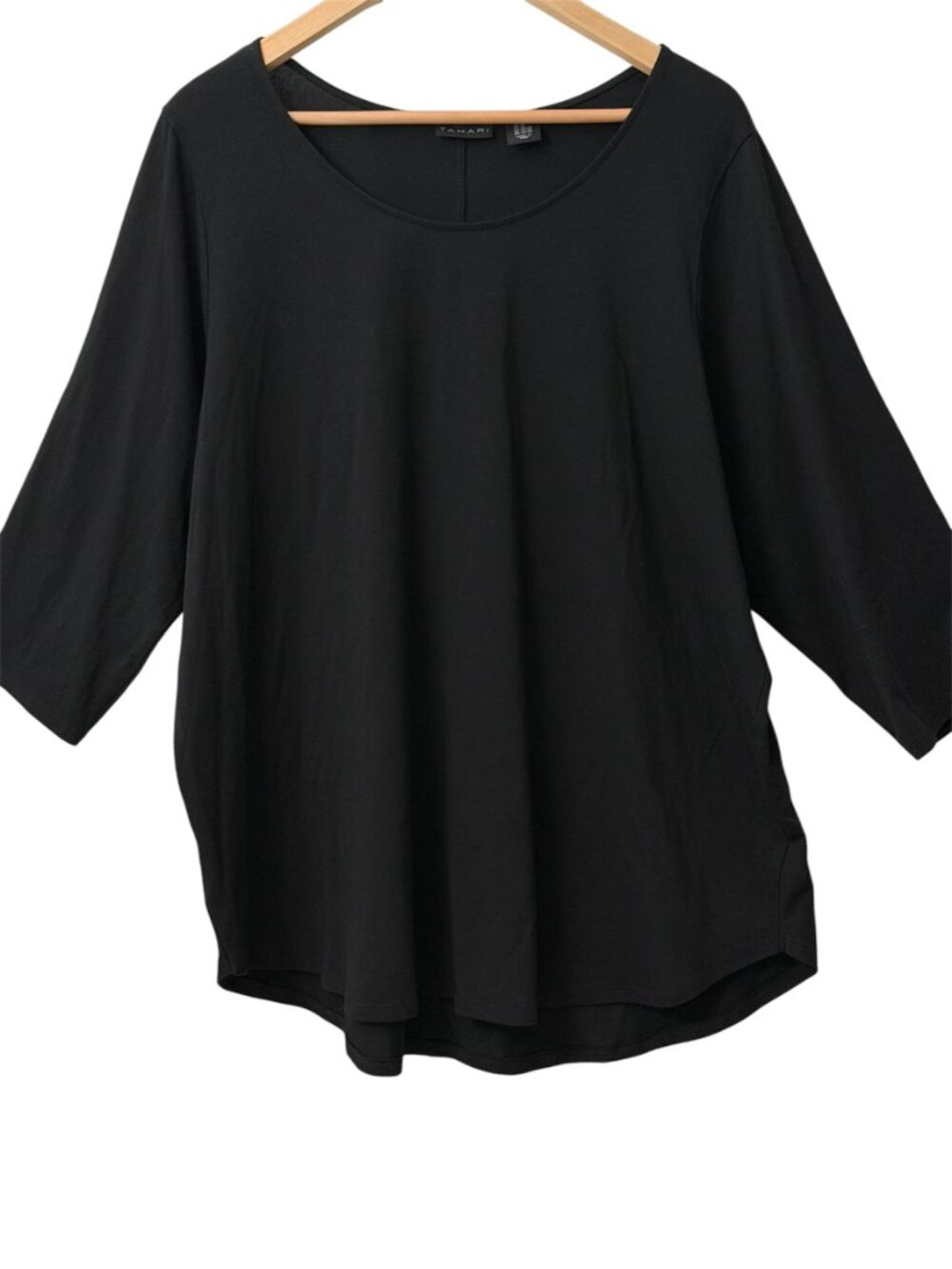 Tahari Pima Cotton Modal Blend Soft Stretchy 3/4 Sleeve Scoop Neck Black Top 2X